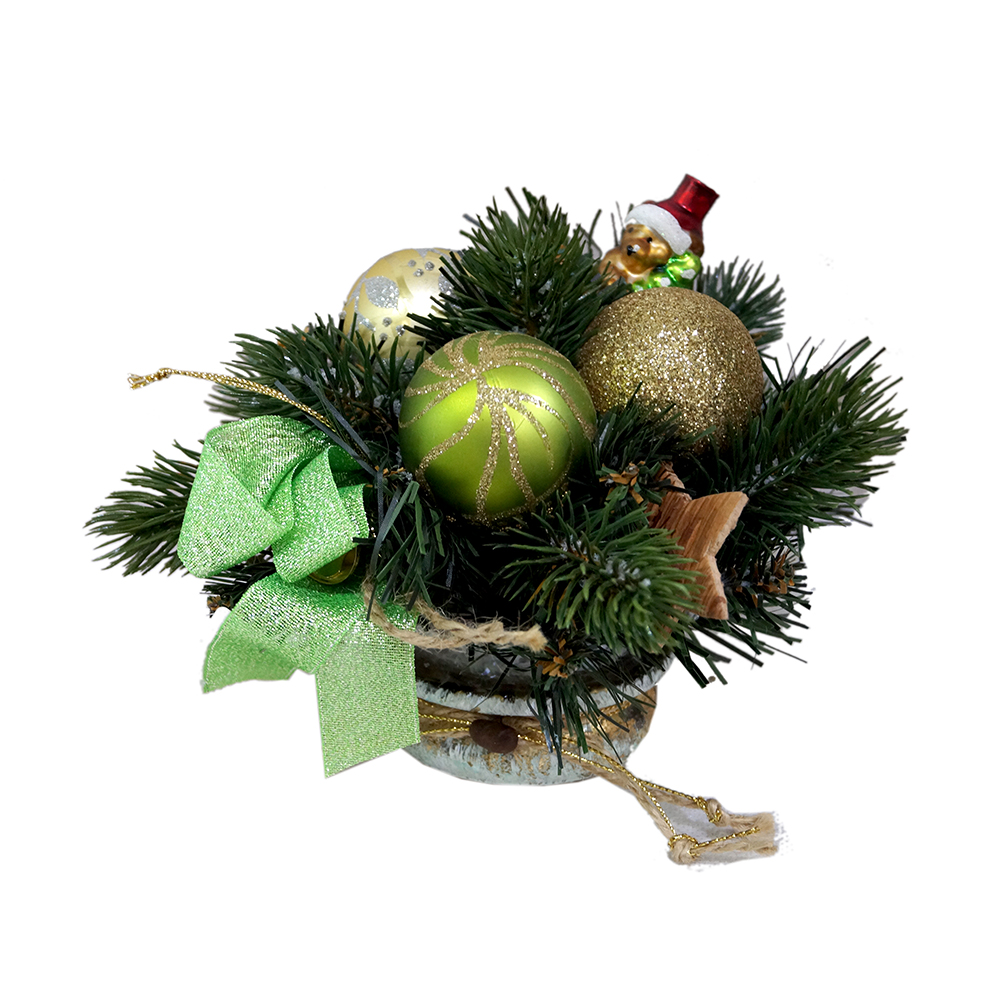 Композиция 00273_ОХА в кашпо (с елочной игрушкой- мишкой)